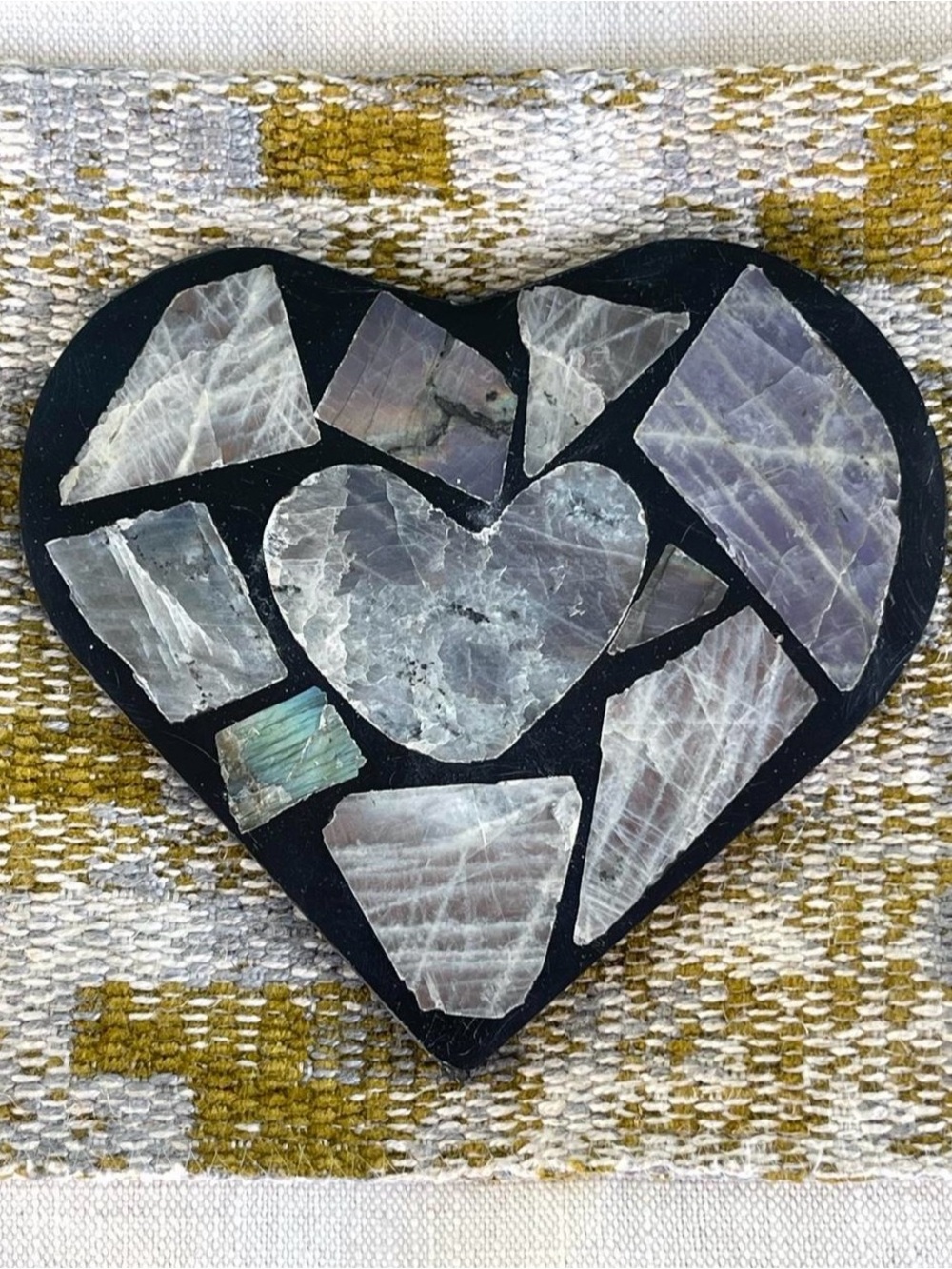 Handcrafted Labradorite Heart Mosaic Black Orangey Pink Flash